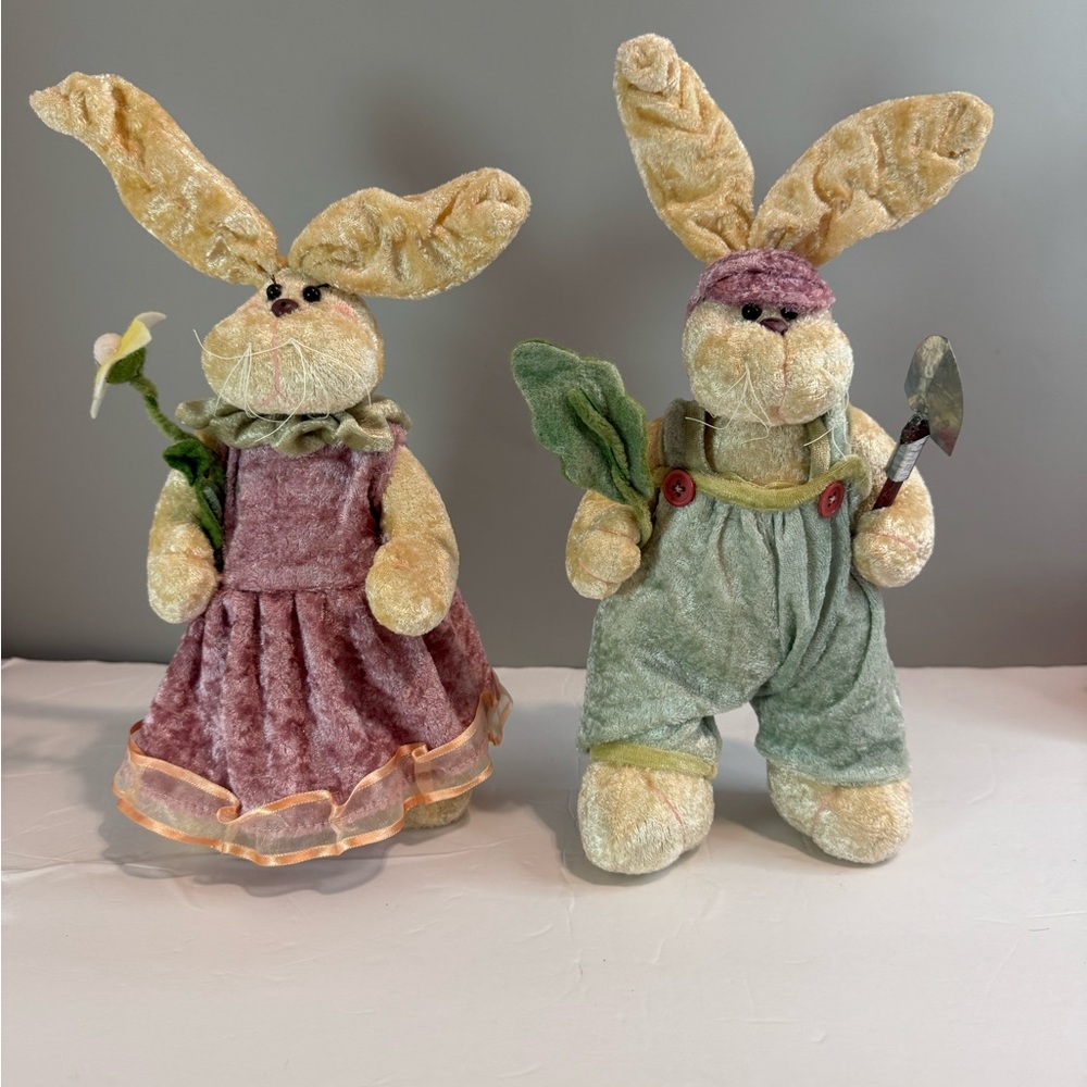 Ms & Mrs Bunny Rabbit Shelf Sitter Plush Gardening Wire Ear/Legs Decor Easter